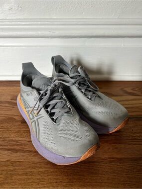Asics Pure Gel Gray Running Shoes with Lavender Midsole and Orange Accents
